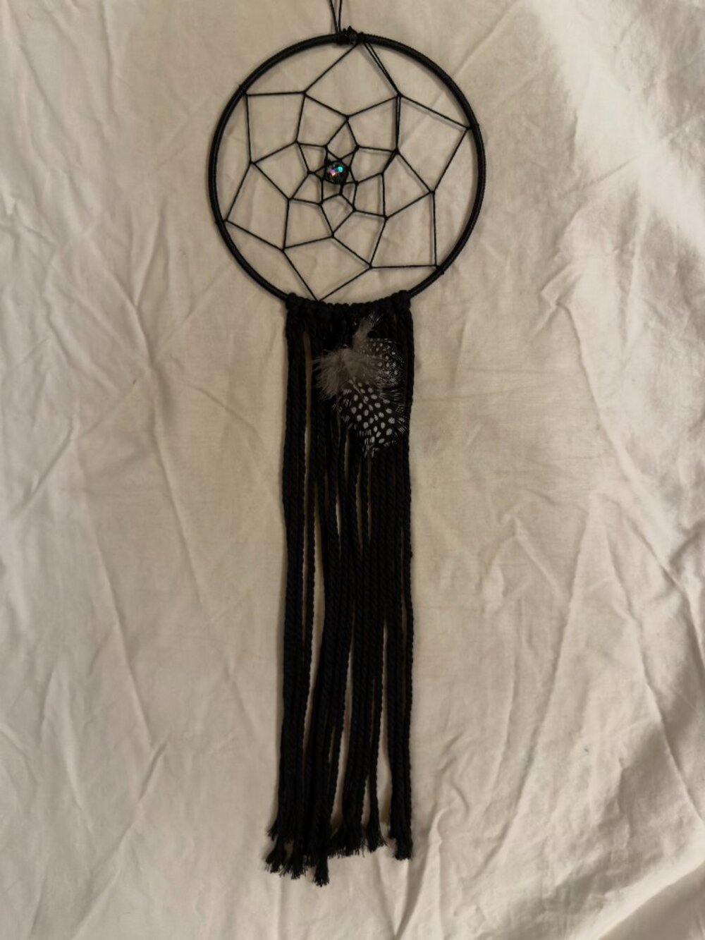 6" Wrapped Round Ring Boho Macrame Black Dreamcatcher with real Spotted Feathers